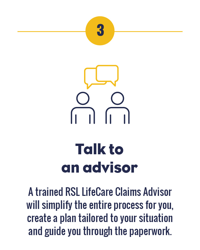 3 Talk to an advisor. A trained RSL LifeCare Claims Advisor will simplify the entire process for you, create a plan tailored to your situation and guide you through the paperwork.