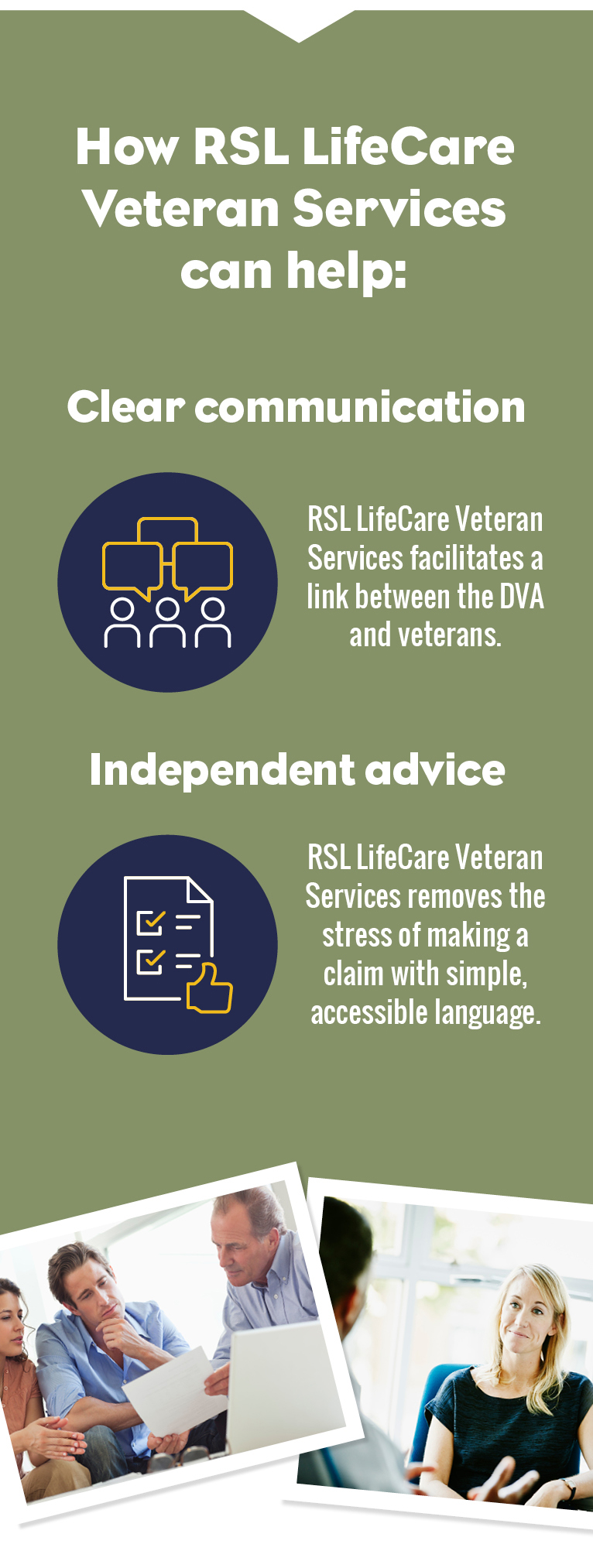 How RSL LifeCare Veteran Services can help. Clear communication, “RSL LifeCare Veteran Services facilitates a link between the DVA and veterans.”, Independent advice, RSL LifeCare Veteran Services removes the stress of making a claim with simple, accessible language.
